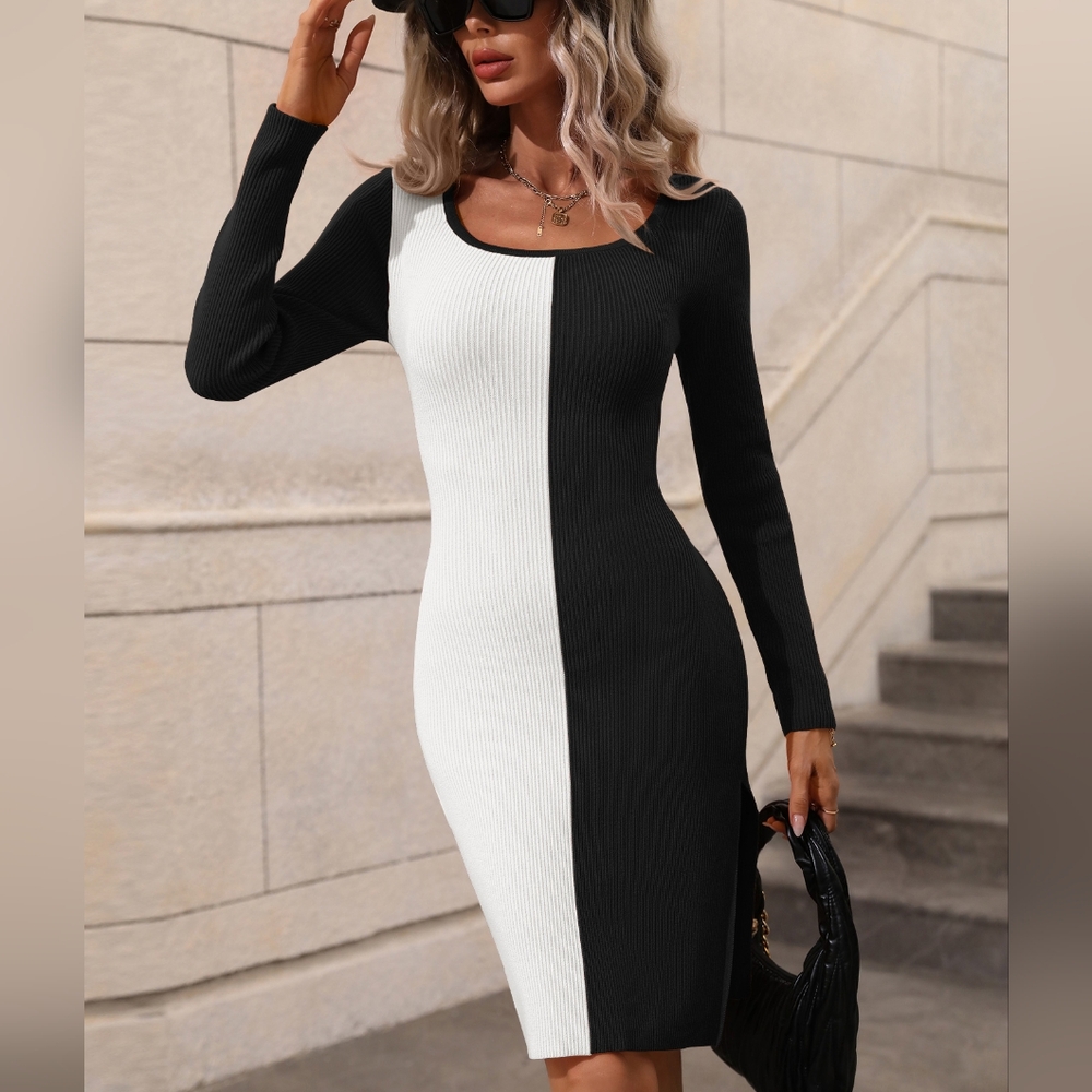 Statement Sweater Dress with Bold Contrast & Slit